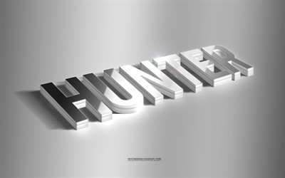 Hunter, hopea 3d-taide, harmaa tausta, taustakuvat nimill&#228;, Hunter-nimi, Hunter-onnittelukortti, 3D-taide, kuva Hunter-nimell&#228;