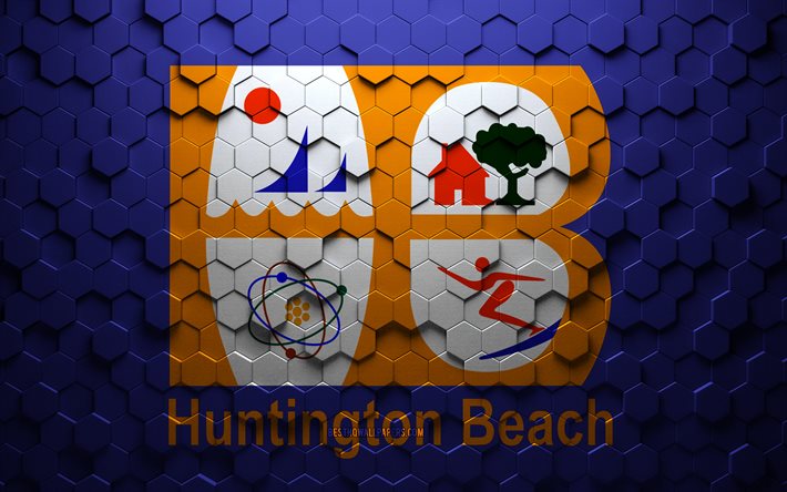 Bandeira de Huntington Beach, Calif&#243;rnia, arte do favo de mel, bandeira dos hex&#225;gonos de Huntington Beach, Huntington Beach, arte dos hex&#225;gonos 3D, bandeira de Huntington Beach