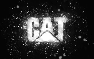 Caterpillar white logo, 4k, CaT, white neon lights, creative, black abstract background, Caterpillar logo, CaT logo, brands, Caterpillar