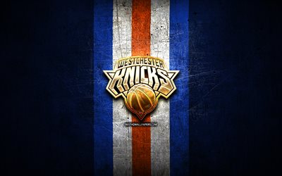 Westchester Knicks, logo dorato, NBA G League, sfondo blu in metallo, squadra di basket americana, logo Westchester Knicks, basket, USA
