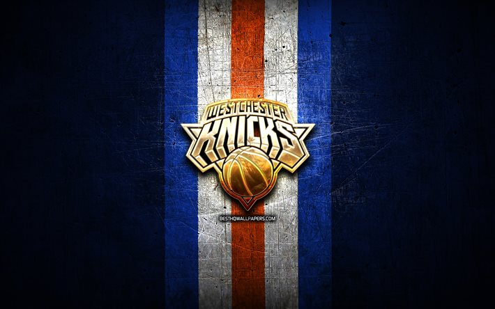 Westchester Knicks, logotipo dourado, NBA G League, fundo de metal azul, time americano de basquete, logotipo Westchester Knicks, basquete, EUA