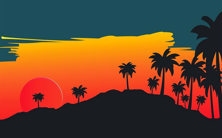 tramonto astratto, 4k, paesaggi astratti, creativo, sagome di palme, tramonto, montagne astratte