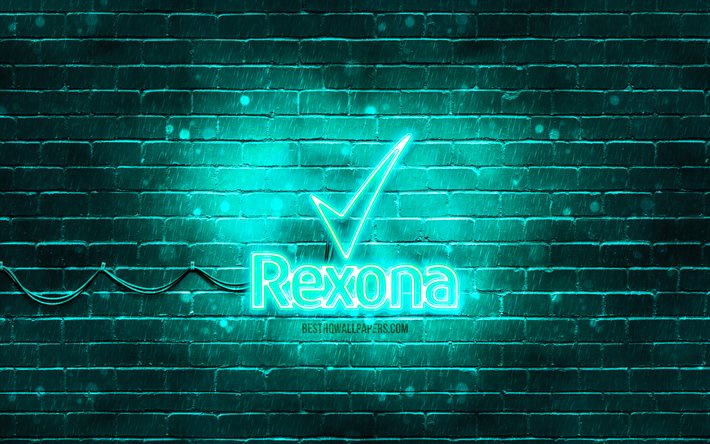 Logotipo turquesa Rexona, 4k, parede de tijolos turquesa, logotipo Rexona, marcas, logotipo Rexona neon, Rexona
