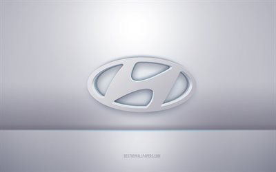 Logotipo branco 3D da Hyundai, plano de fundo cinza, logotipo da Hyundai, arte 3d criativa, Hyundai, emblema 3D