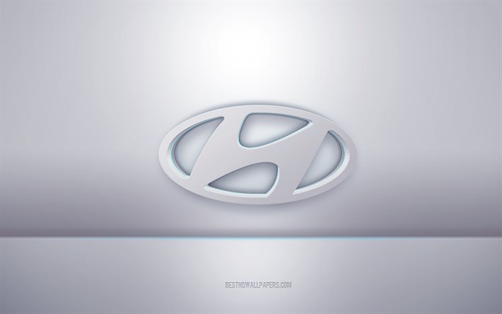 Hyundai 3d vit logotyp, gr&#229; bakgrund, Hyundai logo, kreativ 3d konst, Hyundai, 3d emblem