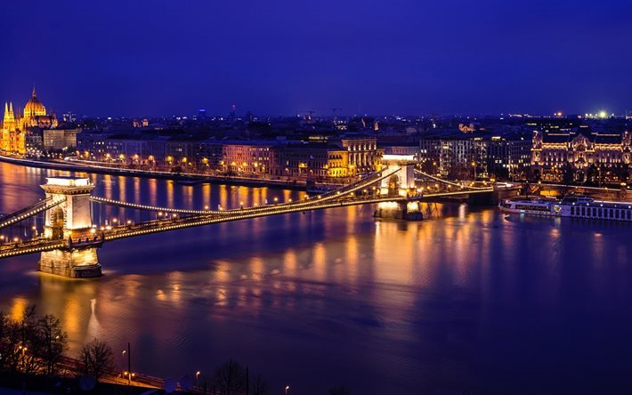 fiume, parlamento ungherese, danube, ponte, citt&#224;, budapest, notte, danubio