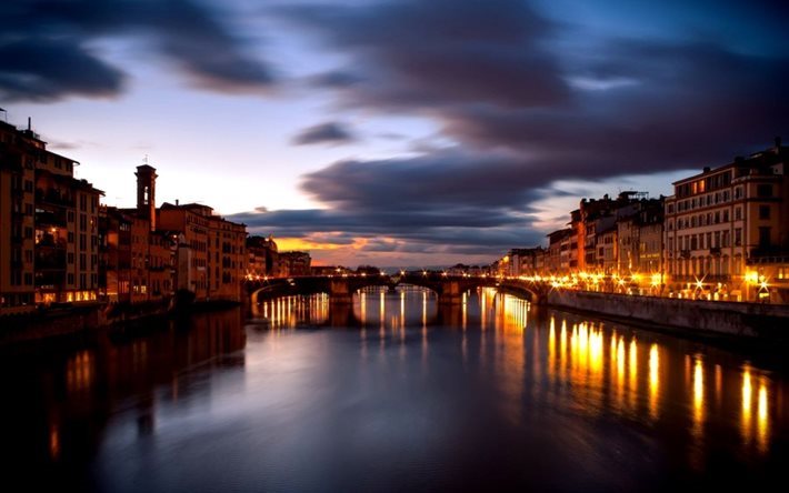 italie, florence, rivi&#232;re, la toscane, la nuit, arno, pont, la photographie, ville