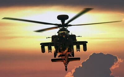 helicopter, apache, military, ah 64, sunset