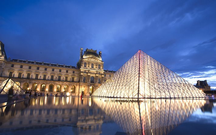 louvre, night, pyramid, louvre museum, area, paris, museum, france, palace