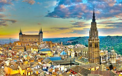 spain, tower, old building, castle, building, hills, trees, church, city, clouds, hdr, toledo, roof
