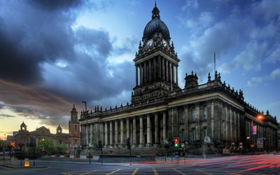 clouds, lights, clock tower, city, architecture, building, leeds, city hall, town square, england, long exposure, area