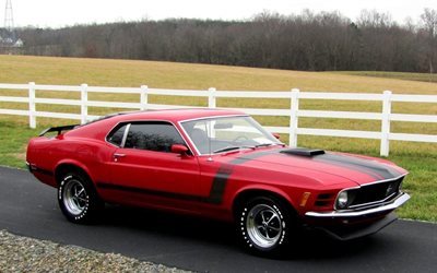 ford mustang, red, ford, fastback, boss 302, sports, 1970, retro