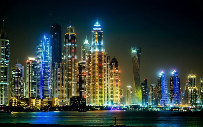 skyscrapers, megapolis, lights, night, arab emirates, city