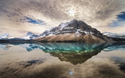 vatten, snowy peak, sj&#246;n, lugn, berg, reflektion, kanada, landskapet, klippiga bergen