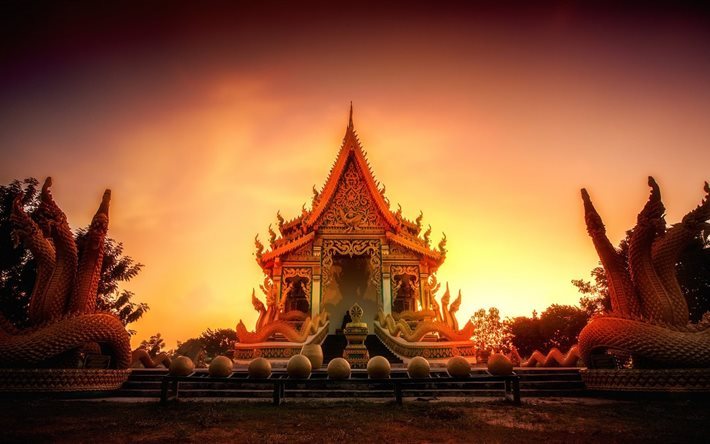 タイ, 寺, 像, 建築, 夜
