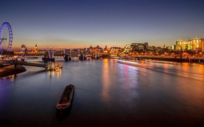 bridge, river thames, thames, ferris wheel, cityscape, lights, london eye, city, night, london, england, big ben, river