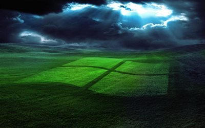 windows, logo, emblem windows, green field