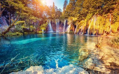 waterfalls, summer, sunset, croatia