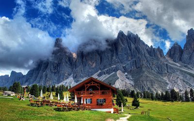 alps, clouds, house, mountains, rocks