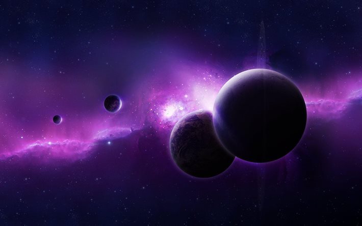 Herunterladen Hintergrundbild Planet Stars Nebel Lila Leuchten