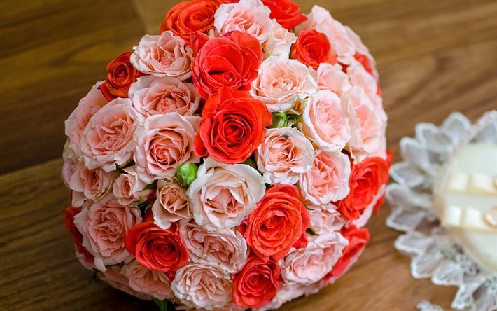 wedding bouquet, red roses, pink roses, bouquet of roses