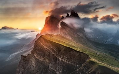 夕日, dolomites, 霧, 山々, イタリア