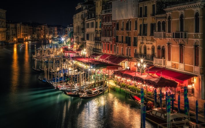 venise, canal, bateaux, la maison, gondole, la nuit, italie, lumi&#232;res
