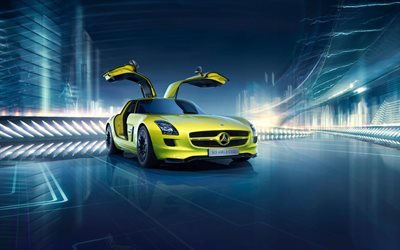 Mercedes-Benz SLS AMG E-Cell, 2017 cars, electric cars, C197, yellow sls, Mercedes