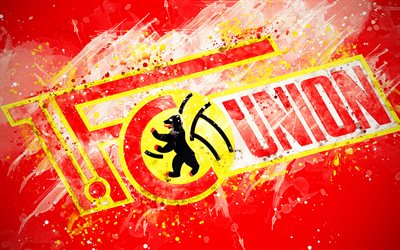 FC Union Berlin, 4k, paint taidetta, logo, luova, Saksan jalkapallon joukkue, Bundesliga 2, tunnus, punainen tausta, grunge-tyyliin, Berliini, Saksa, jalkapallo