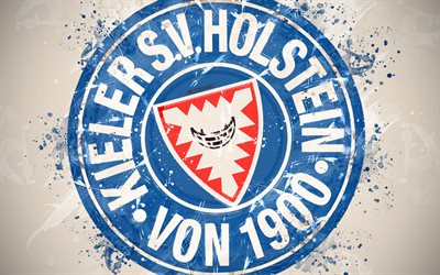 Holstein Kiel FC, 4k, peinture d&#39;art, le logo, la cr&#233;ativit&#233;, l&#39;allemand de l&#39;&#233;quipe de football, de la Bundesliga 2, embl&#232;me, fond blanc, style grunge, Kiel, en Allemagne, le football