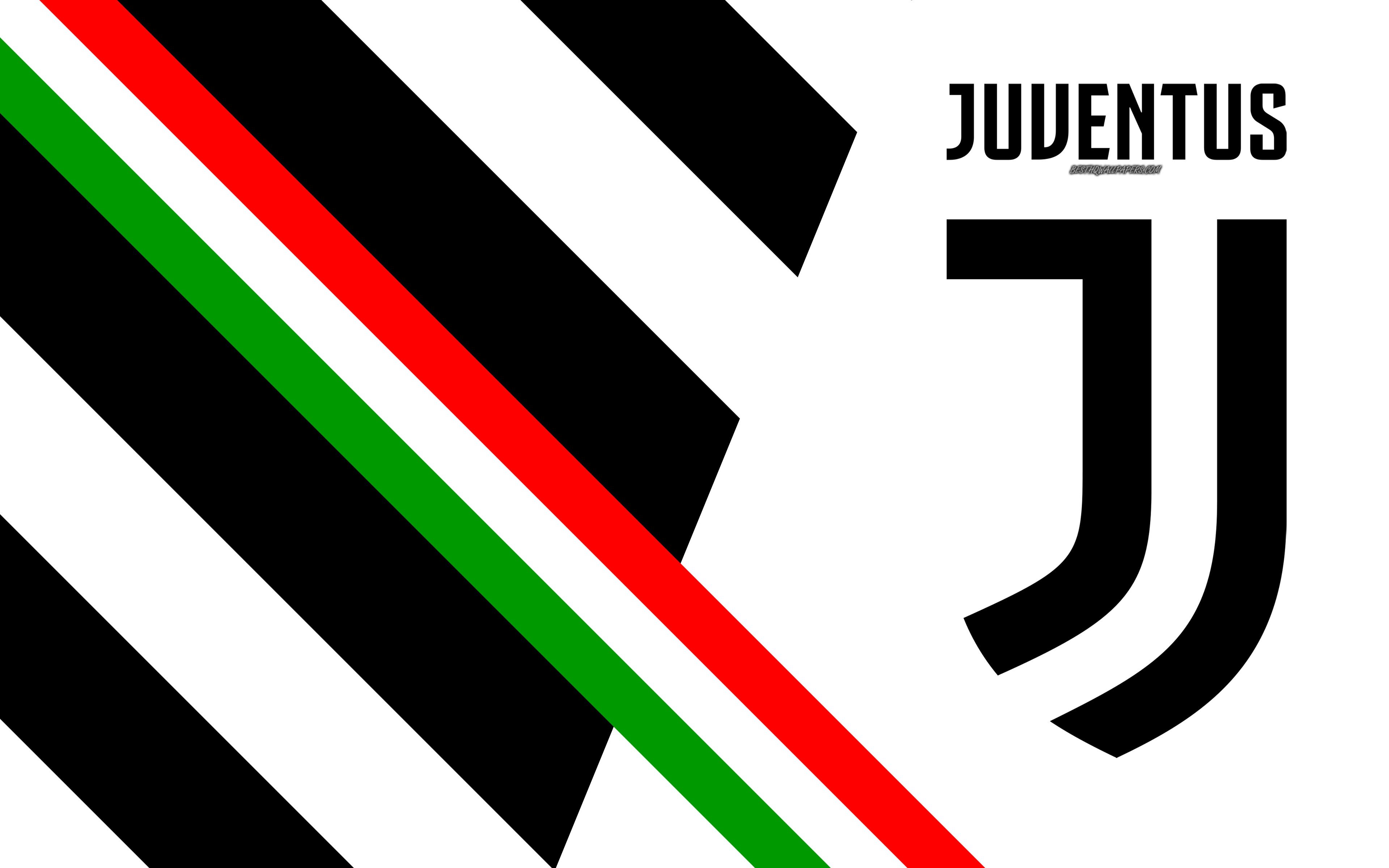 Juventus FC, 4k, Italian football club, new logo, abstraction, white black background, new emblem, Serie A, Italy, Turin, Flag of Italy, football, Juve