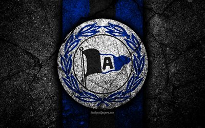Arminia Bielefeld FC, 4k, el grunge, el logotipo, de la Bundesliga 2, creativo, alem&#225;n equipo de f&#250;tbol, piedra negra, DSC Arminia Bielefeld, el emblema, la textura de asfalto, Alemania, FC Arminia Bielefeld
