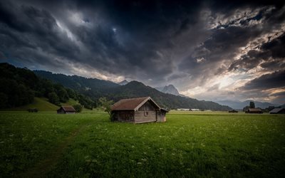 Garmisch-Partenkirchen, lawn, hut, Europe, Germany, Bavaria