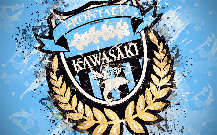 Kawasaki Frontale FC, 4k, paint art, logo, creative, Japanese football team, J1 League, emblem, blue background, grunge style, Kawasaki, Japan, football