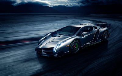 Lamborghini Veneno, bir yol, 2018 arabalar, gece, s&#252;per, G&#252;m&#252;ş Veneno, İtalyan arabaları, Lamborghini