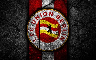 Union Berlin FC, 4k, grunge, logo, Bundesliga 2, creativo, nazionale di calcio tedesca, pietra nera, Unione di Berlino, emblema, asfalto texture, Germania, FC Union Berlin
