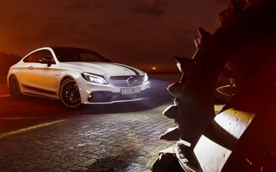 Mercedes-AMG C63, 2019, blanc coup&#233; sport, voiture de luxe, le r&#233;glage, C63, nouveau blanc C63, voitures allemandes, Mercedes