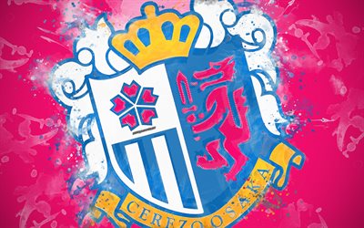 Cerezo Osaka, C-Osaka FC, 4k, peinture d&#39;art, logo, cr&#233;atif, Japonais de l&#39;&#233;quipe de football, J1 Ligue, embl&#232;me, fond rose, style grunge, Osaka, au Japon, en football