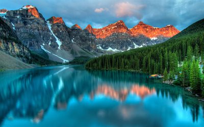 4k, Moraine Lake, sunset, Banff, forest, mountains, North America, dusk, Banff National Park, Canada, Alberta
