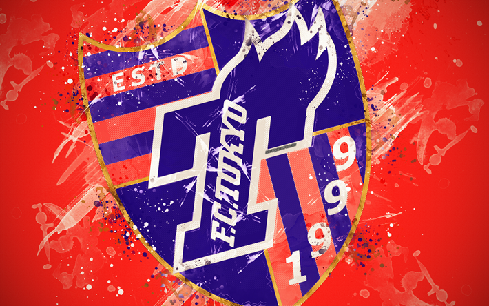 FC Tokyo, 4k, paint taidetta, logo, luova, Japanin jalkapallo joukkue, J1 League, tunnus, punainen tausta, grunge-tyyliin, Tokio, Japani, jalkapallo