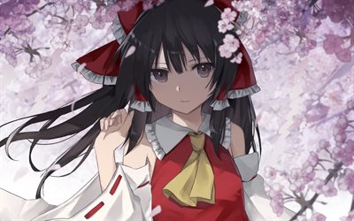 Hakurei Reimu, flowers, manga, anime characters, Touhou