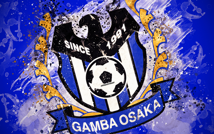 Gamba Osaka, G-Osaka FC, 4k, paint art, logo, creative, Japanese football team, J1 League, emblem, blue background, grunge style, Osaka, Japan, football