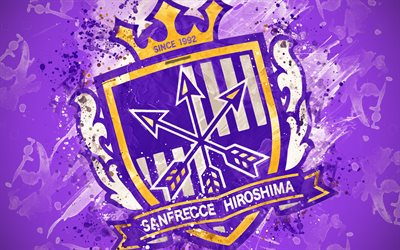 Sanfrecce Hiroshima FC, 4k, boya, sanat, logo, yaratıcı, Japon futbol takımı, J1 Lig, amblemi, mor arka plan, grunge tarzı, Hiroşima, Japonya, futbol