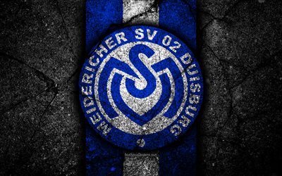 Duisburg FC, 4k, grunge, logo, Bundesliga 2, luova, Saksan jalkapallon joukkue, musta kivi, MSV Duisburg, tunnus, asfaltti rakenne, Saksa, FC Duisburg