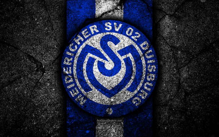 Duisburg FC, 4k, grunge, logo, Bundesliga 2, criativo, Alem&#227; de futebol, pedra preta, O MSV Duisburg, emblema, a textura do asfalto, Alemanha, FC Duisburg