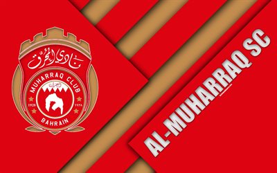 Al-Muharraq SC, 4k, logo, design de material, ouro vermelho de abstra&#231;&#227;o, Bahrein futebol clube, Muharraq, Bahrein, futebol, Bahraini Premier League