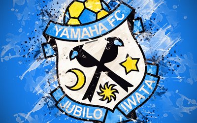 Jubilo Iwata FC, 4k, peinture d&#39;art, logo, cr&#233;atif, Japonais de l&#39;&#233;quipe de football, J1 Ligue, embl&#232;me, fond bleu, style grunge, Iwata, le Japon, le football