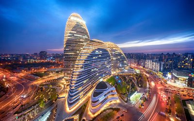 Wangjing SOHO, 4k, paesaggi notturni, edifici moderni, Pechino, Asia, Cina