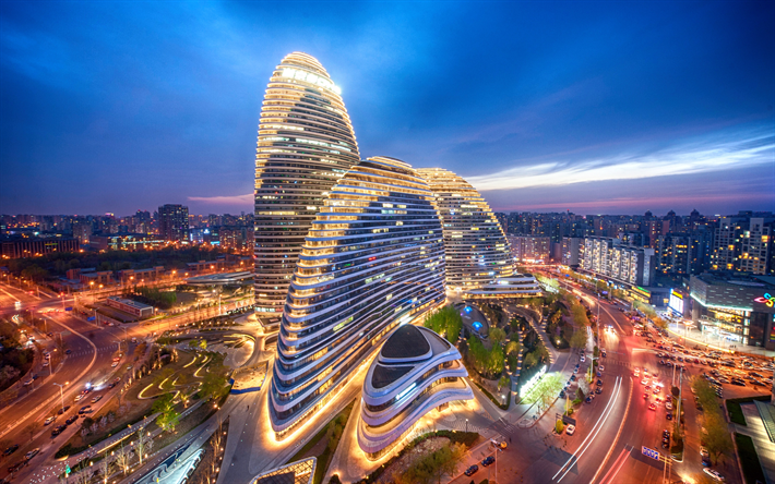 Wangjing SOHO, 4k, nightscapes, modern buildings, Beijing, Asia, China
