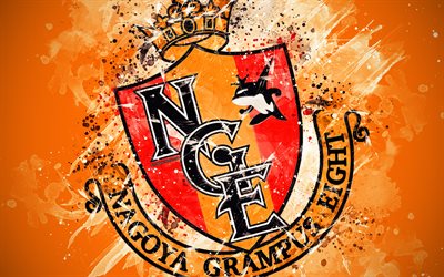 Galatasaray, 4k, boya, sanat, logo, yaratıcı, Japon futbol takımı, J1 Lig, amblemi, turuncu arka plan, grunge tarzı, Nagoya, Japonya, futbol